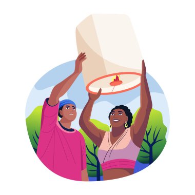 Düz bir çizim, bir feneri serbest bırakan çifti gösteriyor.