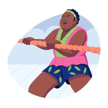 Römorkör savaşı oynayan bir karakter, düz stil çizimi.