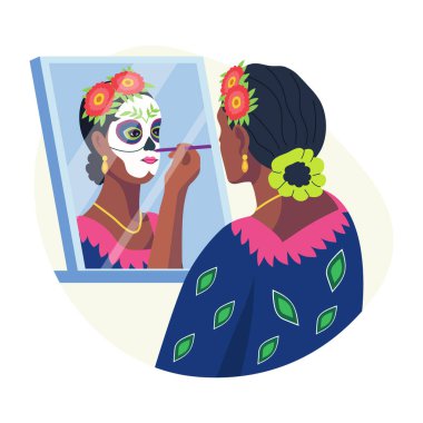 Yüz boyama yapan bir kadın karakterin düz çizimi