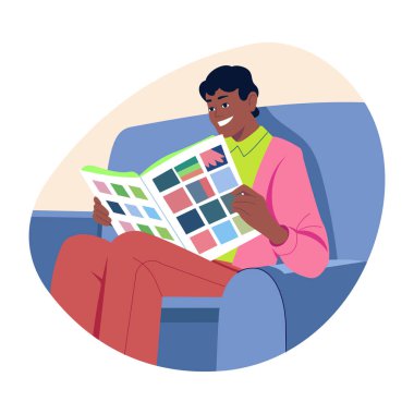 Çizgi roman resimlerini düz bir şekilde okuyan bir karakter.