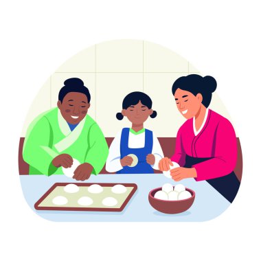 Bir aileyi chuseok festivalini kutlarken gösteren yağlı bir illüstrasyon.