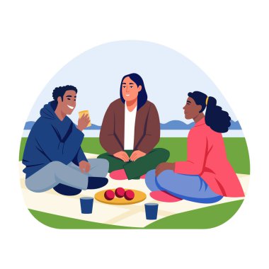 Birlikte piknik yapan bir grup arkadaş, düz çizim.