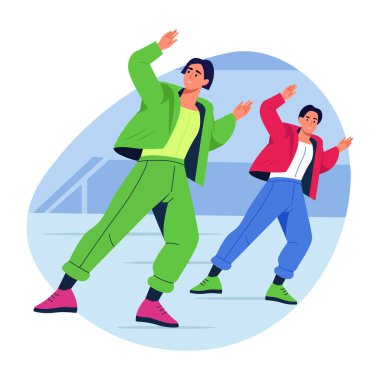 Kpop dansı yapan iki karakter, düz çizim
