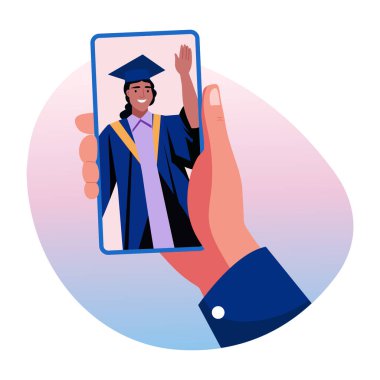 Video görüşmesi yapan mezun bir karakter, düz stil illüstrasyon