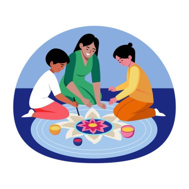 Rangoli yapan bazı karakterleri gösteren düz biçim illüstrasyonu