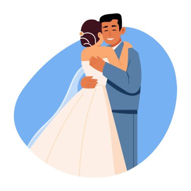 Düğünlerinde bir çift kucaklaşır, düz çizim.