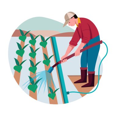 Bir çiftçinin sulama sistemi kullandığını gösteren düz bir çizim