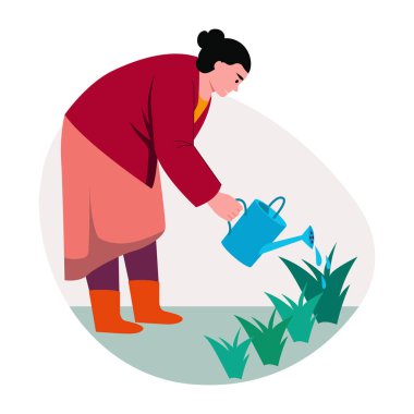 Bitkileri düz şekilde sulayan bir kadın.