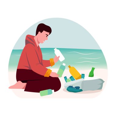 Sahilden çöp şişeleri toplayan bir karakter, düz çizim.