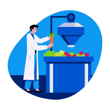 Gıda işleme araştırması yapan bir karakteri gösteren düz biçim illüstrasyonu