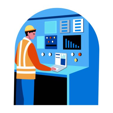Sistem çalıştıran bir mühendisi gösteren düz çizimler
