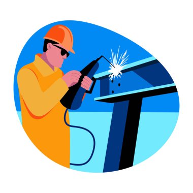 Profesyonel bir inşaat mühendisi kaynak makinesi tutuyor, düz çizim.