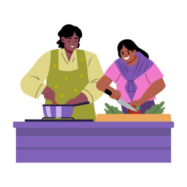 İki karakter birlikte yemek pişiriyor, düz stil çizimi.