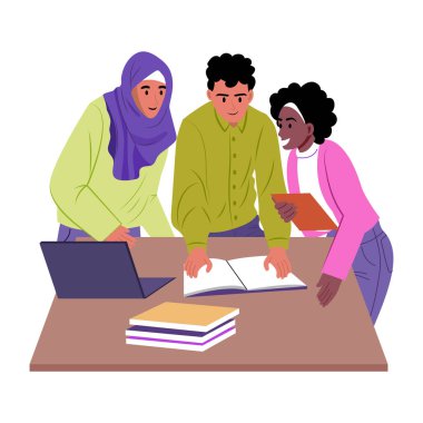 Grup çalışması yapan arkadaşlar, düz stil illüstrasyon