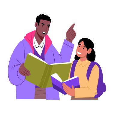 Bir karakter arkadaşına öğretiyor, düz stil çizimi.