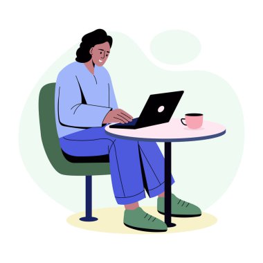 Çevrimiçi iş yapan bir kadın karakter, düz çizim