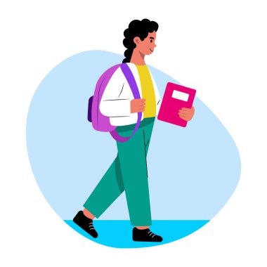 Çanta ve kitap taşıyan öğrenci, düz çizim.