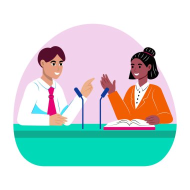 Tartışan iki okul öğrencisinin düz stil çizimi