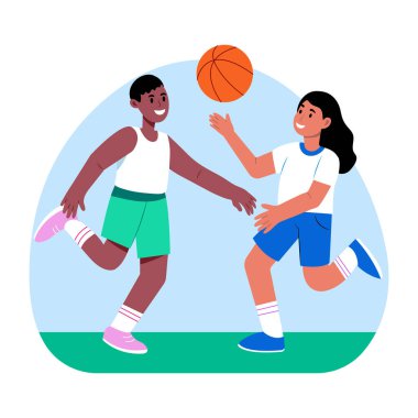 Basketbol oynayan iki öğrencinin düz çizimi
