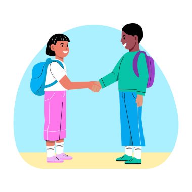 İki okul arkadaşının el sıkışmasını gösteren düz bir resim.