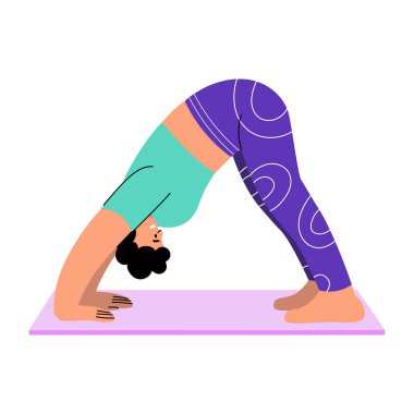 Köpek pozu egzersizi yapan bir karakteri gösteren düz bir çizim