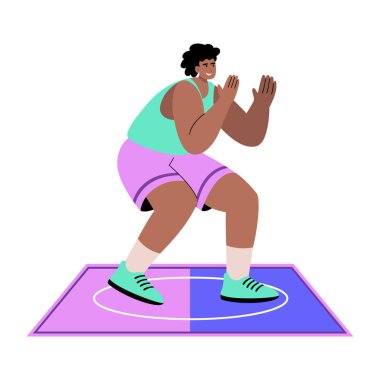 Bir karakteri çömelme egzersizi yaparken gösteren düz bir çizim