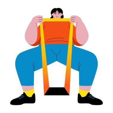 Esneme bandıyla egzersiz yapan bir karakter, düz çizim.