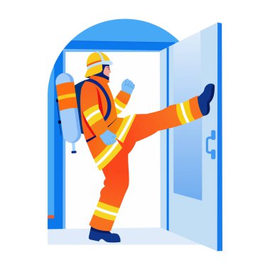 İtfaiyecinin kapıyı kırdığını gösteren düz bir çizim.