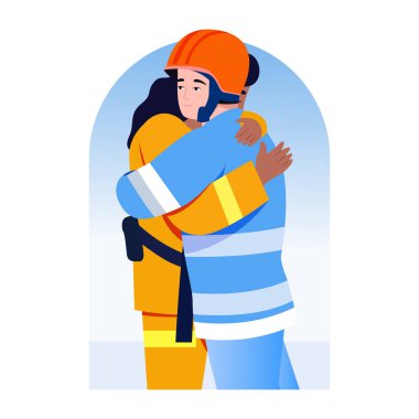 İtfaiyecinin sarıldığını gösteren düz bir resim.