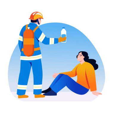 İtfaiyecinin bir bayana su verdiğini gösteren düz bir çizim.