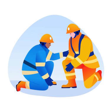 İtfaiyecilerin birbirlerine yardım ettiklerini gösteren düz bir resim.