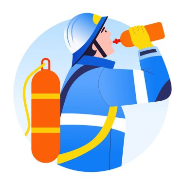 İtfaiyecinin su içişini gösteren düz bir resim.