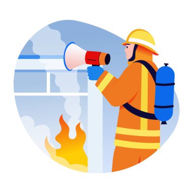 Güvenliğe rehberlik eden bir itfaiyecinin düz bir çizimi.