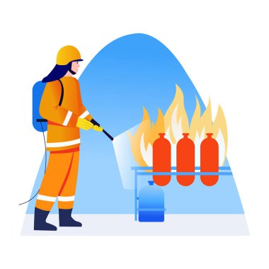 İtfaiyeciyi spreylerken gösteren düz bir resim.