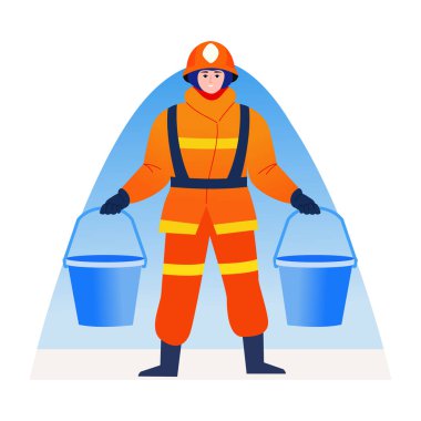 Yangın kovaları tutan bir itfaiyeciyi gösteren düz bir resim.