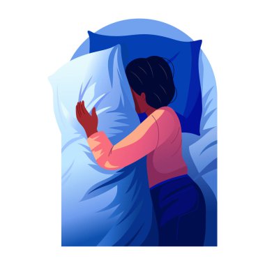 Yastığa sarılan bir karakteri gösteren düz bir çizim.