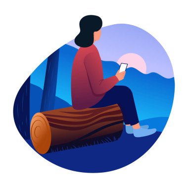 Düz stil ile doğa dinleyen karakter çizimi