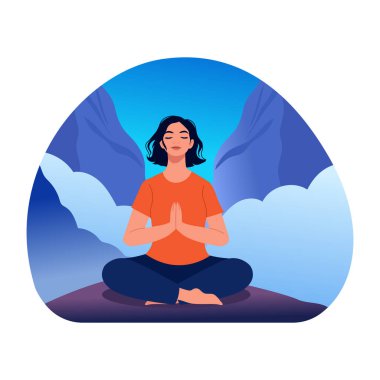 Dağ meditasyonu yapan bir karakteri gösteren düz bir çizim