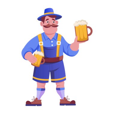 Oktoberfest karakteri bira tutarken gösterilen düz stil illüstrasyon