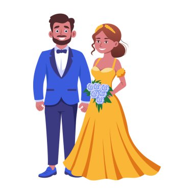 Yeni evli bir çifti betimleyen düz stil illüstrasyon