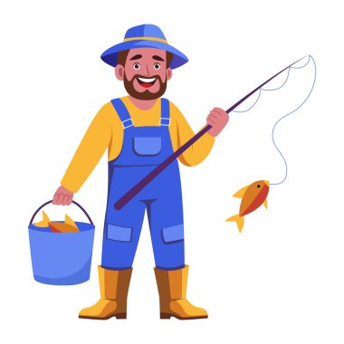 Elinde olta tutan bir balıkçının düz bir çizimi.