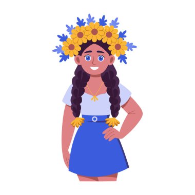 Çiçekli taç takan bir kızı gösteren düz bir resim.