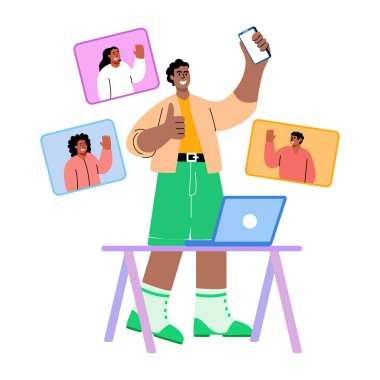 Sosyal medya etkileyicisinin insanlarla etkileşimini gösteren düz bir illüstrasyon