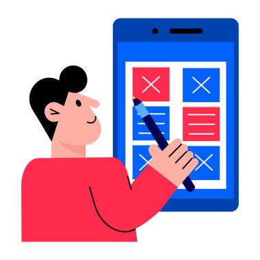 Bir uygulama arayüzü tasarlayan bir karakter, düz stil illüstrasyonu