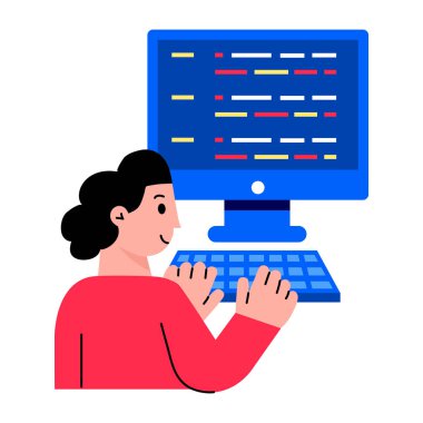 Bir karakteri sürüm kontrolü yaparken gösteren düz bir illüstrasyon