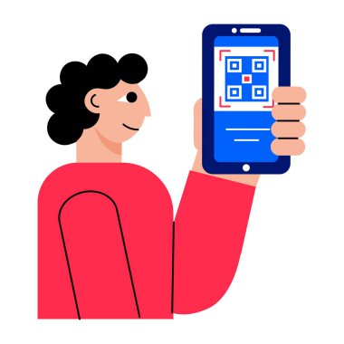 Qr kodunu tarayan bir karakter, düz biçim illüstrasyonu