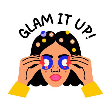 Cilt bakımı yapan bir karakter, düz stil etiketleri.