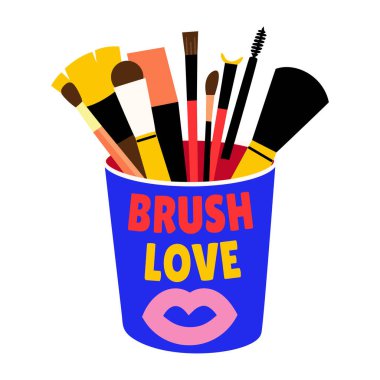 Makyaj fırçalarının düz stil tipografik etiketi