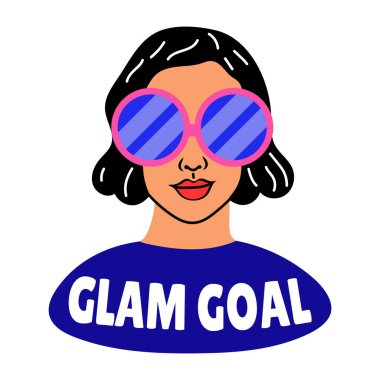 Gözlüklü çekici bir kızın düz stil çıkartması.