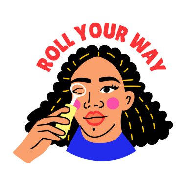 Kirpik bigudi kullanan bir kızı gösteren düz stil bir etiket.